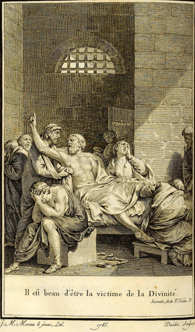 Jean-Michel Moreau's engraving of Socrates saying "Il est beau d'être la victime de la Divinité" 
