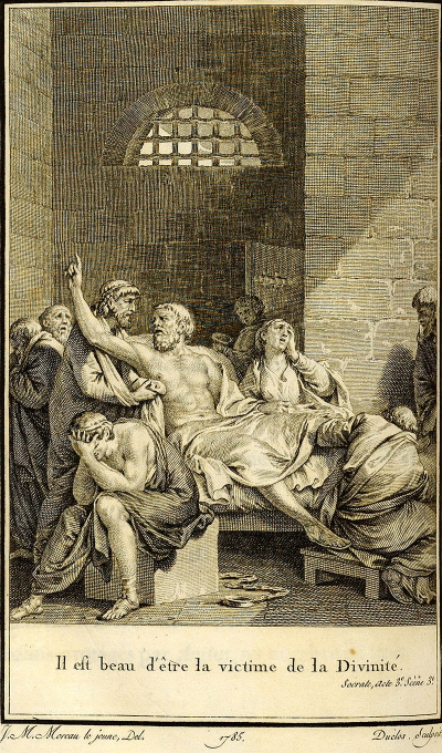 Jean-Michel Moreau's engraving of Socrates saying "Il est beau d'être la victime de la Divinité"